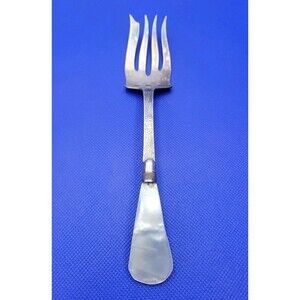 Large Vintage Silver Plated Vegetable Serving Fork Pearl Handle & Sterling Cap